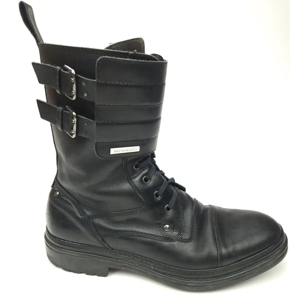Bruno Magli Combat Motorcycle Black Boots Size 10 Black Leather High Buckle Tie